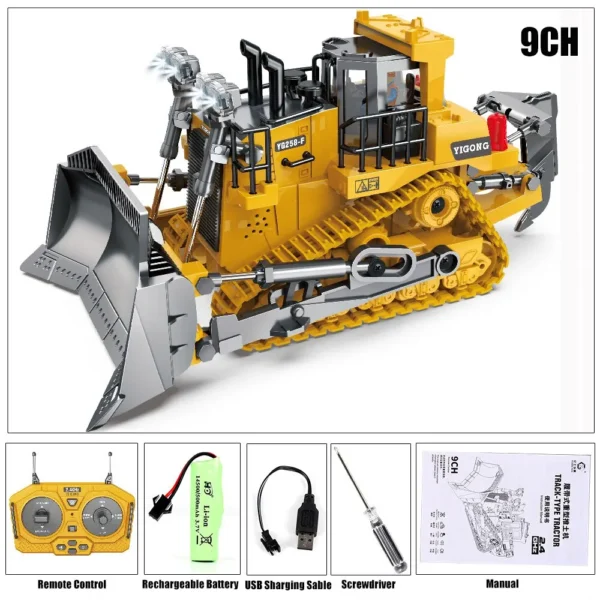 Bulldozer télécommandé pour enfants avec 9 canaux, batterie rechargeable, télécommande et kit d'accessoires inclus.