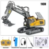 Excavateur télécommandé pour enfants avec 11 canaux, batterie rechargeable, télécommande et accessoires complets.