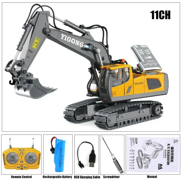 Excavateur télécommandé pour enfants avec 11 canaux, batterie rechargeable, télécommande et accessoires complets.