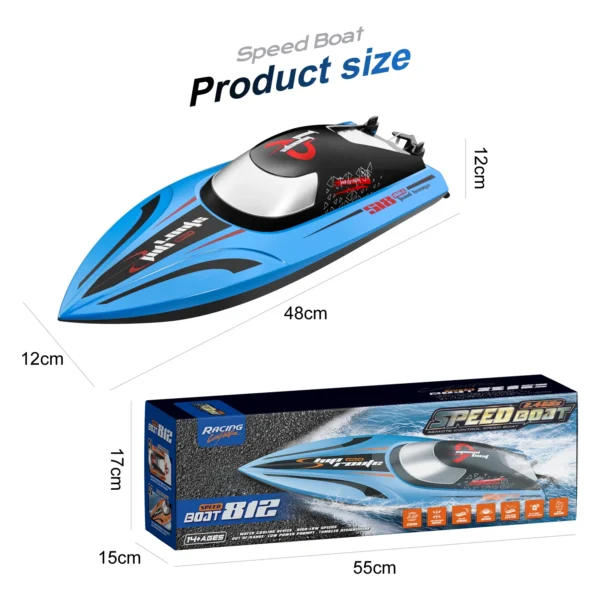 Dimensions du Bateau RC Haute Vitesse 812, 48 cm de longueur et 12 cm de largeur, avec un emballage de 55 cm x 15 cm x 17 cm.