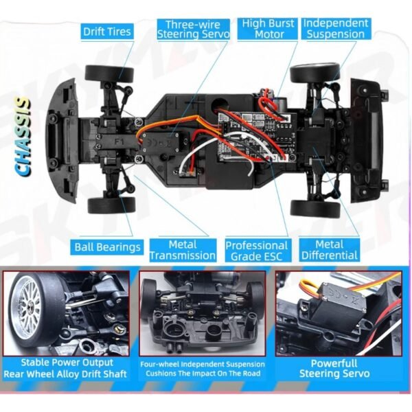 Vue détaillée du châssis de la Voiture RC Drift Skymaker GTR R34, incluant transmission en métal, suspension indépendante, différentiel en métal, roulements à billes et moteur performant.