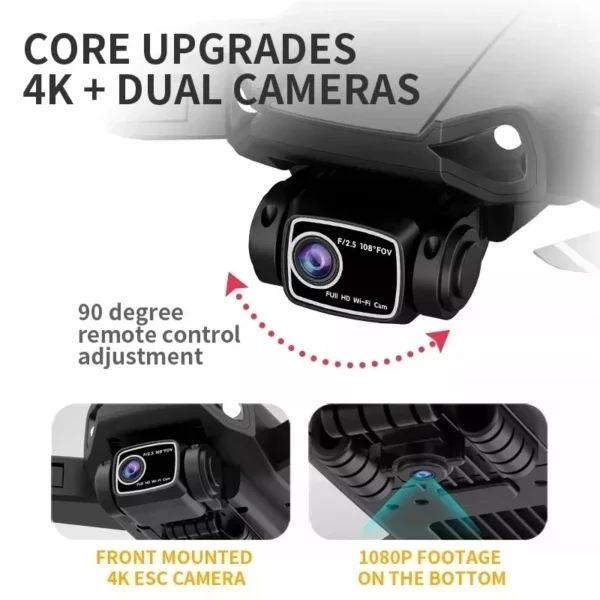 Caméra 4K avec double objectif du drone L900, incluant un réglage à distance de 90° et une caméra 1080P en dessous pour des prises de vue polyvalentes.