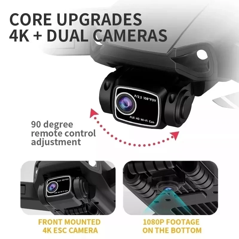 Caméra 4K avec double objectif du drone L900, incluant un réglage à distance de 90° et une caméra 1080P en dessous pour des prises de vue polyvalentes.