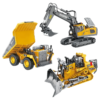 Ensemble de véhicules de construction télécommandés pour enfants : excavateur, camion-benne et bulldozer avec fonctionnalités réalistes.