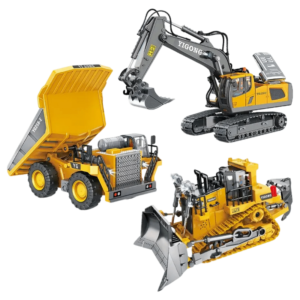 Ensemble de véhicules de construction télécommandés pour enfants : excavateur, camion-benne et bulldozer avec fonctionnalités réalistes.