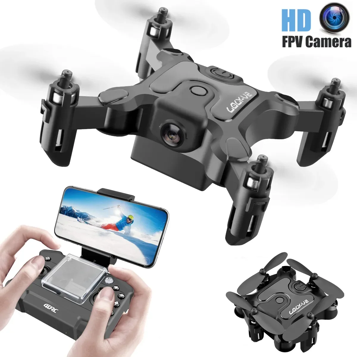 Mini drone V2 pliable avec caméra HD FPV et contrôle à distance via smartphone, idéal pour les prises de vue aériennes en temps réel.