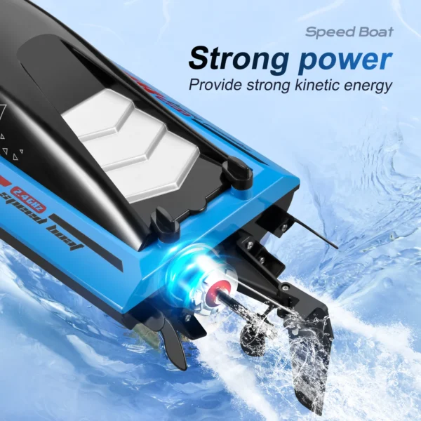 Bateau RC Haute Vitesse 812 équipé d'un moteur puissant, offrant une énergie cinétique forte pour des performances optimales sur l'eau.