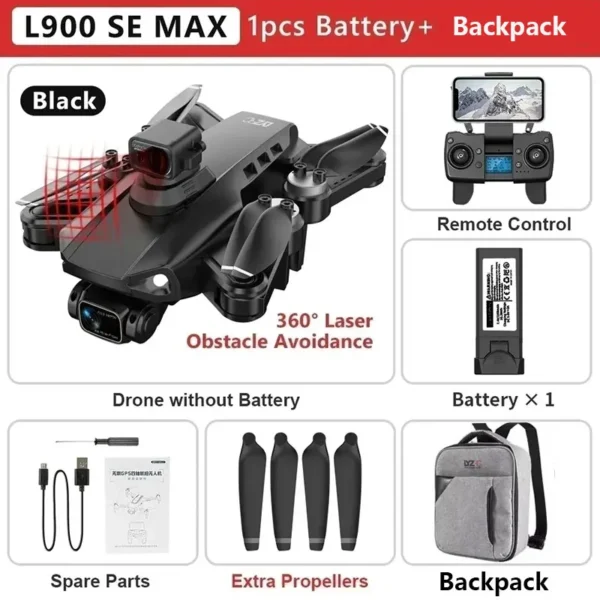 Pack complet du drone L900 SE MAX noir avec évitement d’obstacles laser à 360°, télécommande, batterie, sac à dos et accessoires supplémentaires.