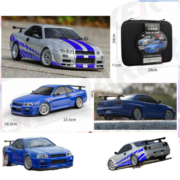 Pack complet de la Voiture RC Drift Skymaker GTR R34, avec dimensions précises, design réaliste, et vue détaillée du modèle bleu et argent, idéale pour les passionnés de modélisme.