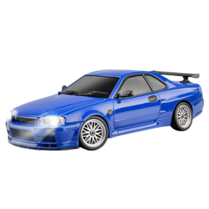 Voiture télécommandée RC Drift Skymaker LD1899 GTR R34 bleue avec gyroscope intégré, design réaliste, idéale pour les drifts et les passionnés de modélisme.
