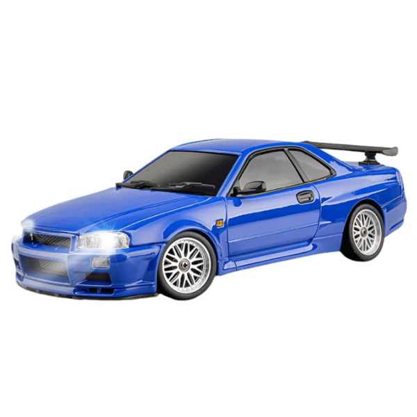 Voiture télécommandée RC Drift Skymaker LD1899 GTR R34 bleue avec gyroscope intégré, design réaliste, idéale pour les drifts et les passionnés de modélisme.