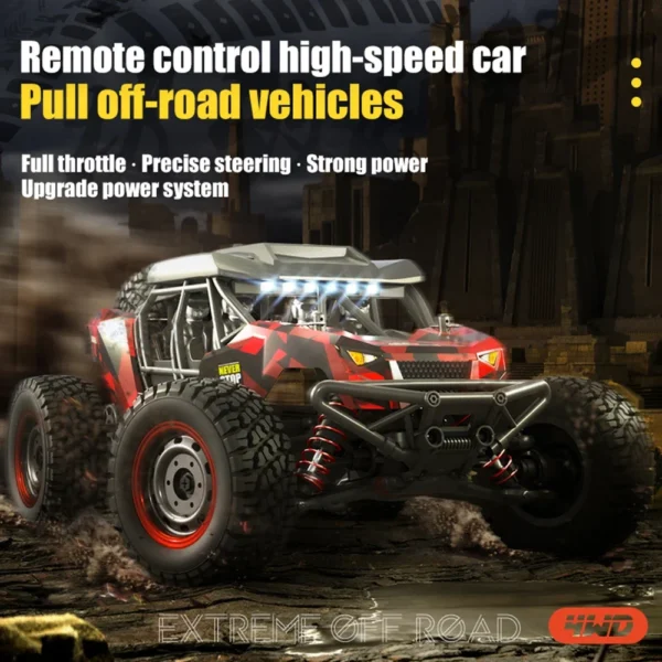 Buggy RC SCY-16106 rouge lancé à pleine vitesse en mode 4WD