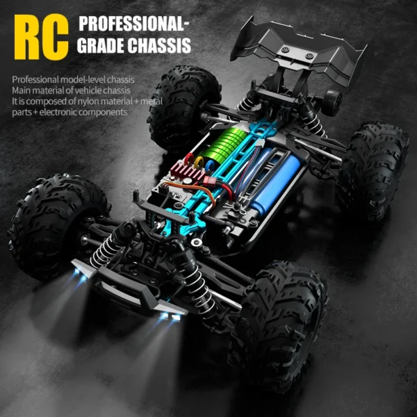 Châssis professionnel de la voiture RC WLtoys 16101PRO avec moteur brushless, batterie Li-ion et composants électroniques intégrés