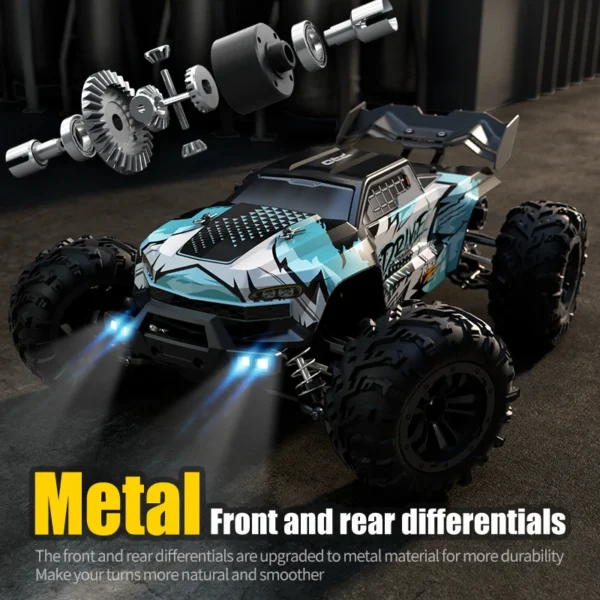 Voiture RC WLtoys 16101PRO avec différentiel avant et arrière en métal renforcé, vue technique détaillée