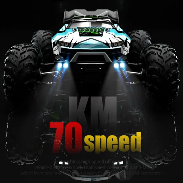 Voiture RC 4WD 75 km WLtoys 16101PRO en vue frontale avec LED allumées et vitesse maximale de 70 km/h
