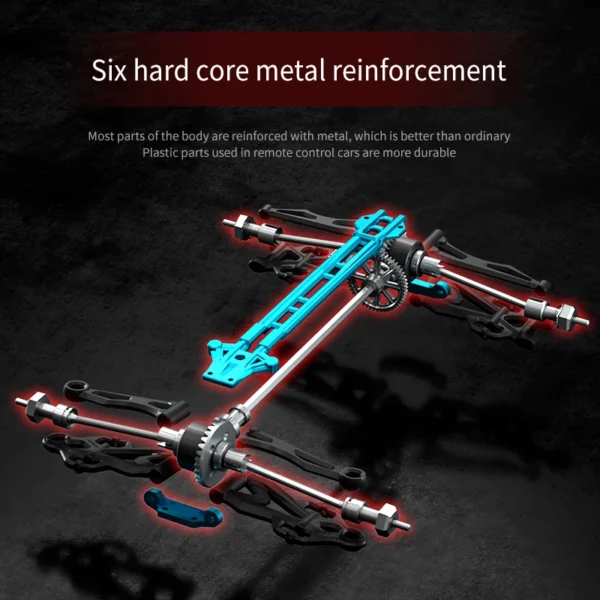 Structure renforcée en métal de la voiture RC WLtoys 16101PRO avec 6 points clés illustrés en vue technique