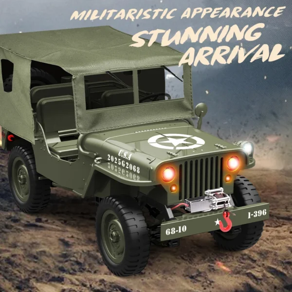 Voiture JJRC C8815 avec bâche militaire et phares allumés pour un look réaliste