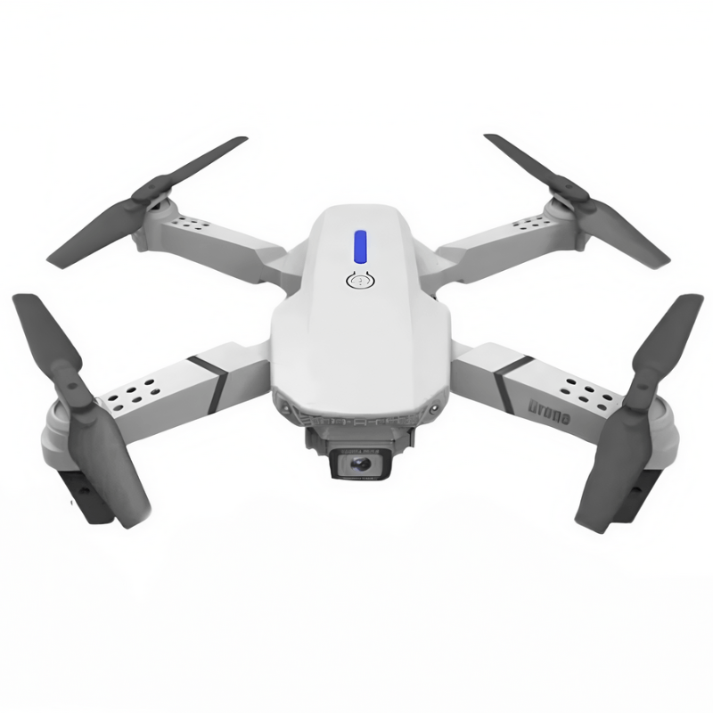 Drone caméra E88 Pro blanc avec caméra 4K intégré en vol, bras déployés