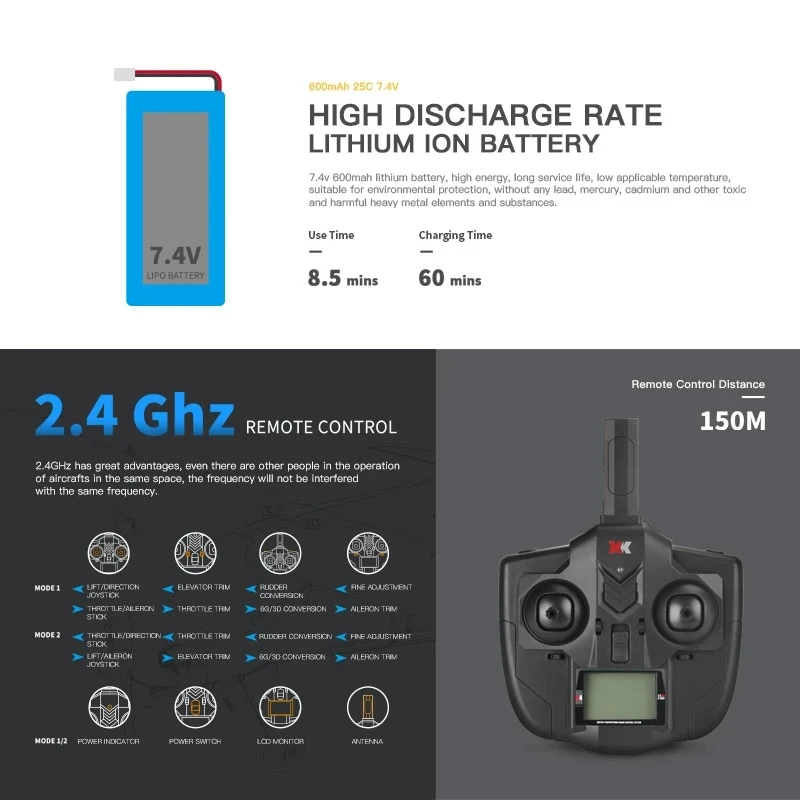 Batterie LiPo 7.4V et télécommande 2.4 GHz pour avion RC WLtoys A160